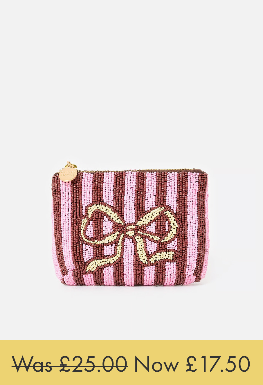 Brown & Pink Striped Bow Beaded Zipped Pouch